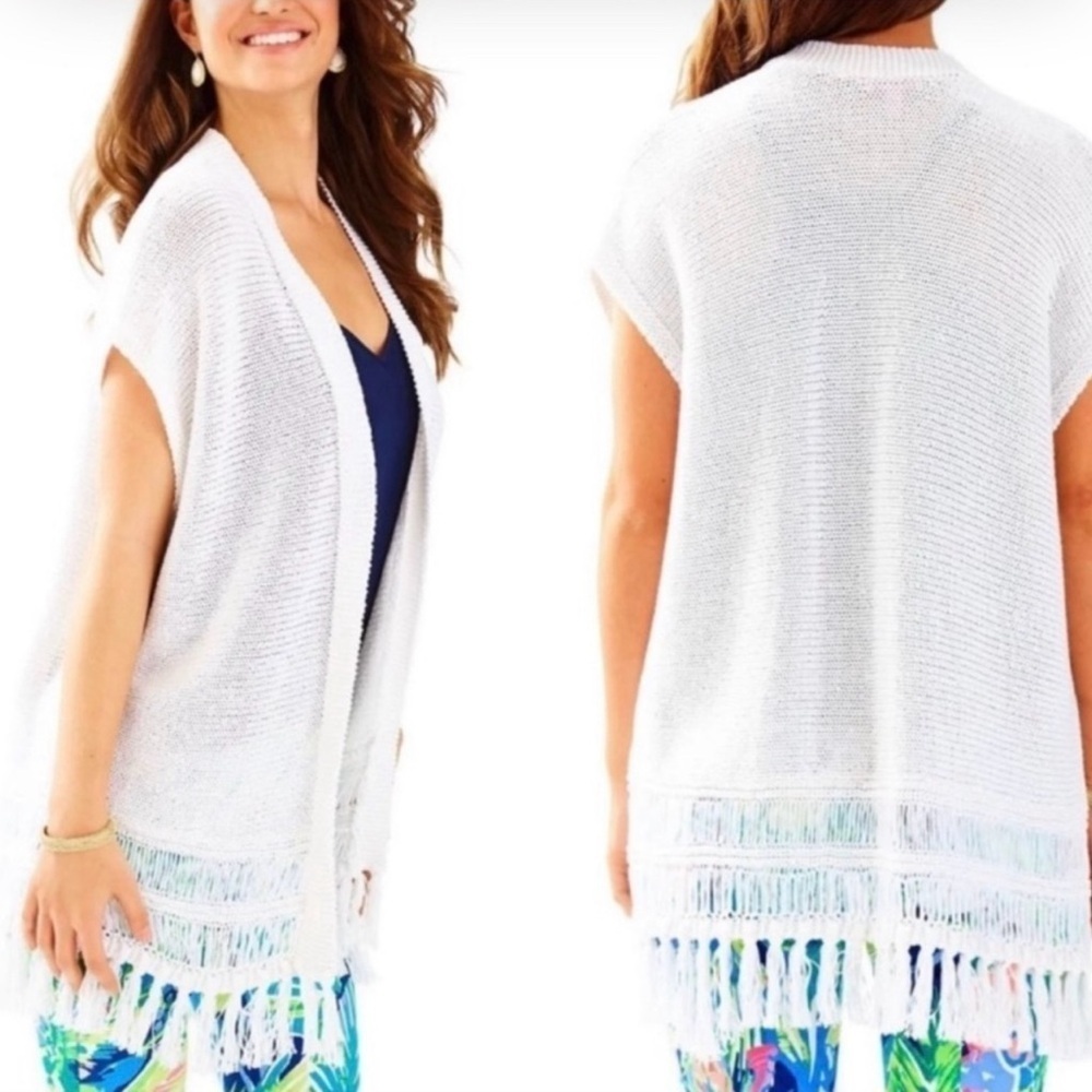 Lilly Pulitzer Bedford Resort White Open Front Knit Cardigan Size S/M Fringe Hem